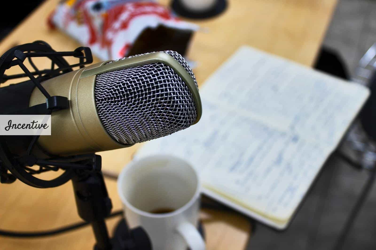 a microphone sitting on top of a wooden table